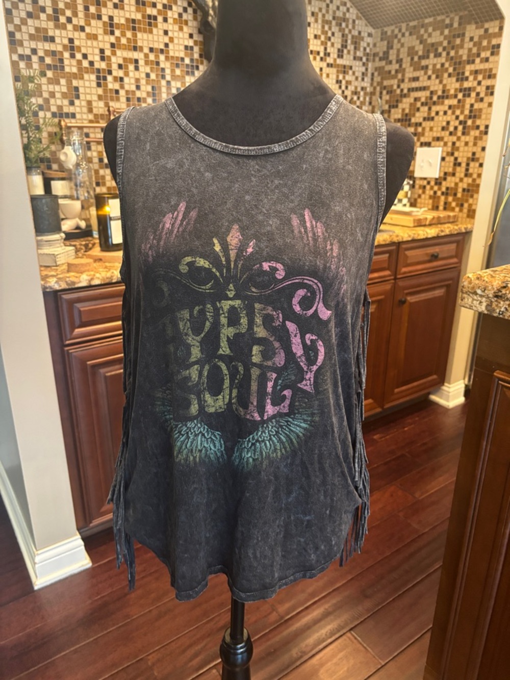 Women's Black Washed Fringe Graphic Tank Top - Type Soul